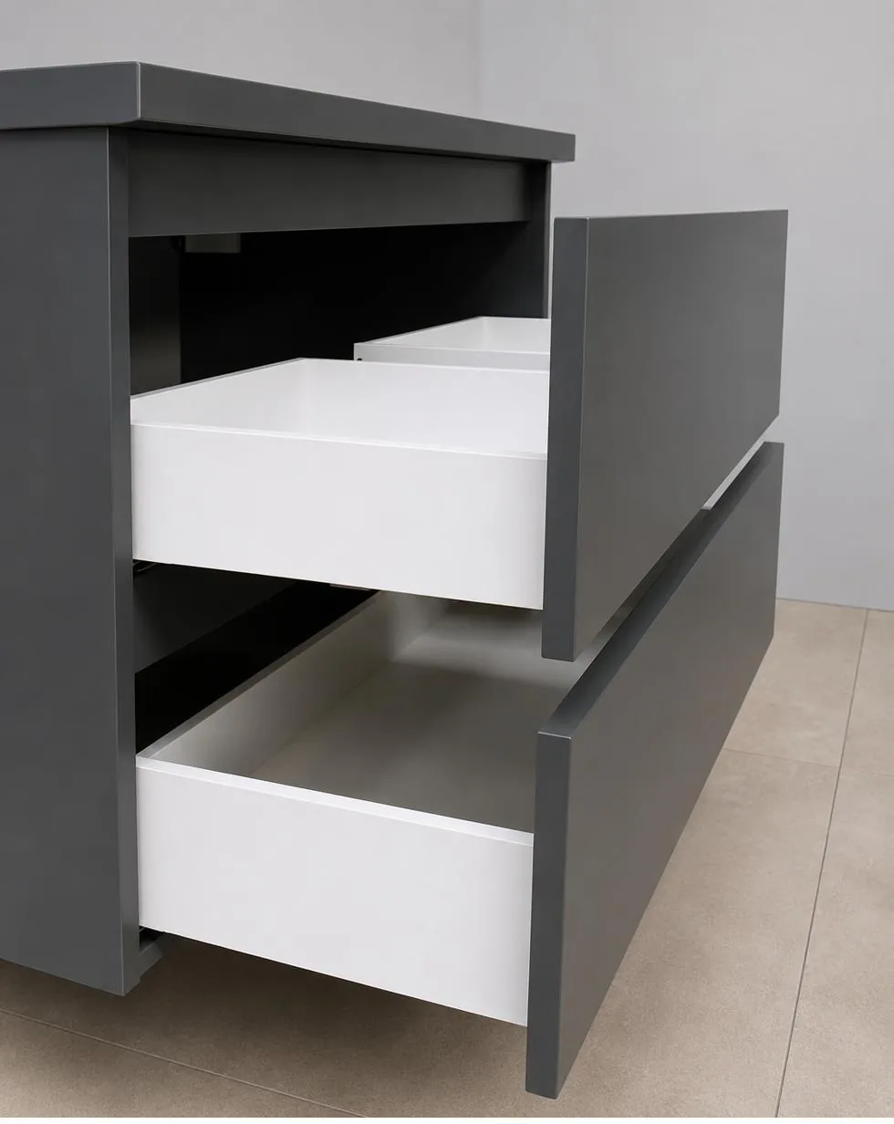 Detail van softclose lades van een FIXT badmeubel