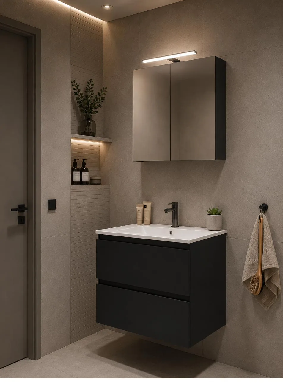 Complete FIXT badkamer met meubel, spiegelkast en kraan in dezelfde finish