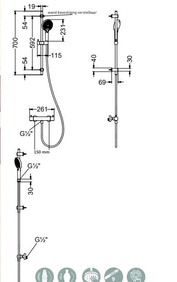 Douchethermostaatset opbouw — maatvoering in mm