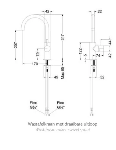 MAY Stilo draaibare uitloop — maatvoering in mm