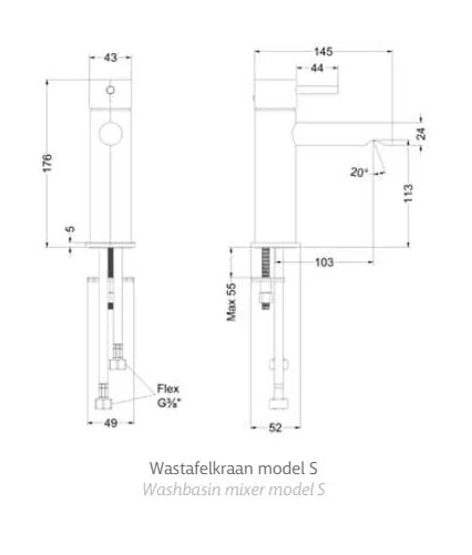 MAY Stilo model S — maatvoering in mm